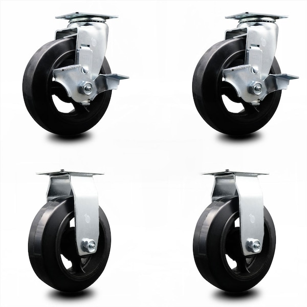 6 Inch Rubber on Cast Iron Caster Set with Ball Bearings 2 Brakes 2 Rigid